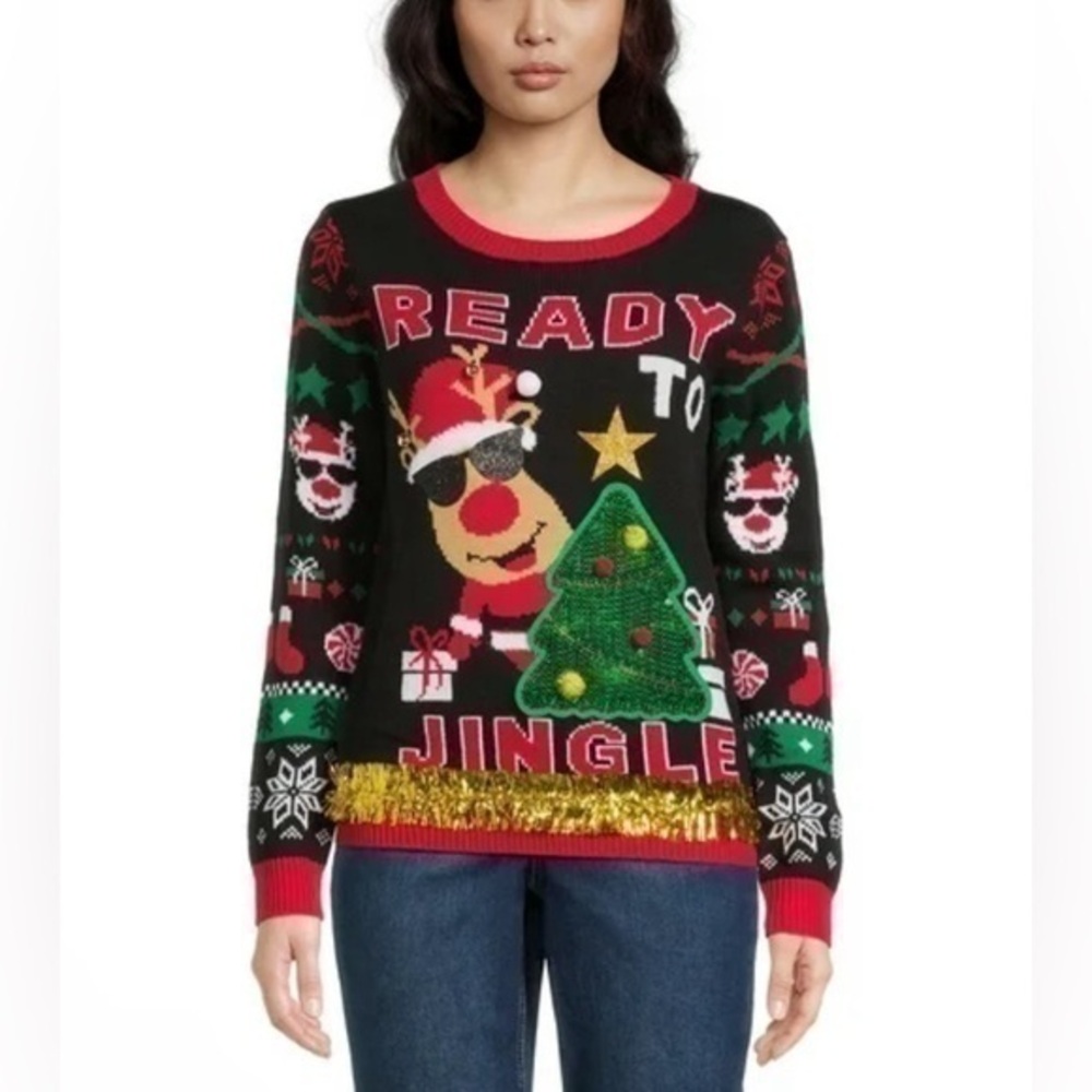 Christmas Sweater Size L Black Rudolph Reindeer - Picture 1 of 9